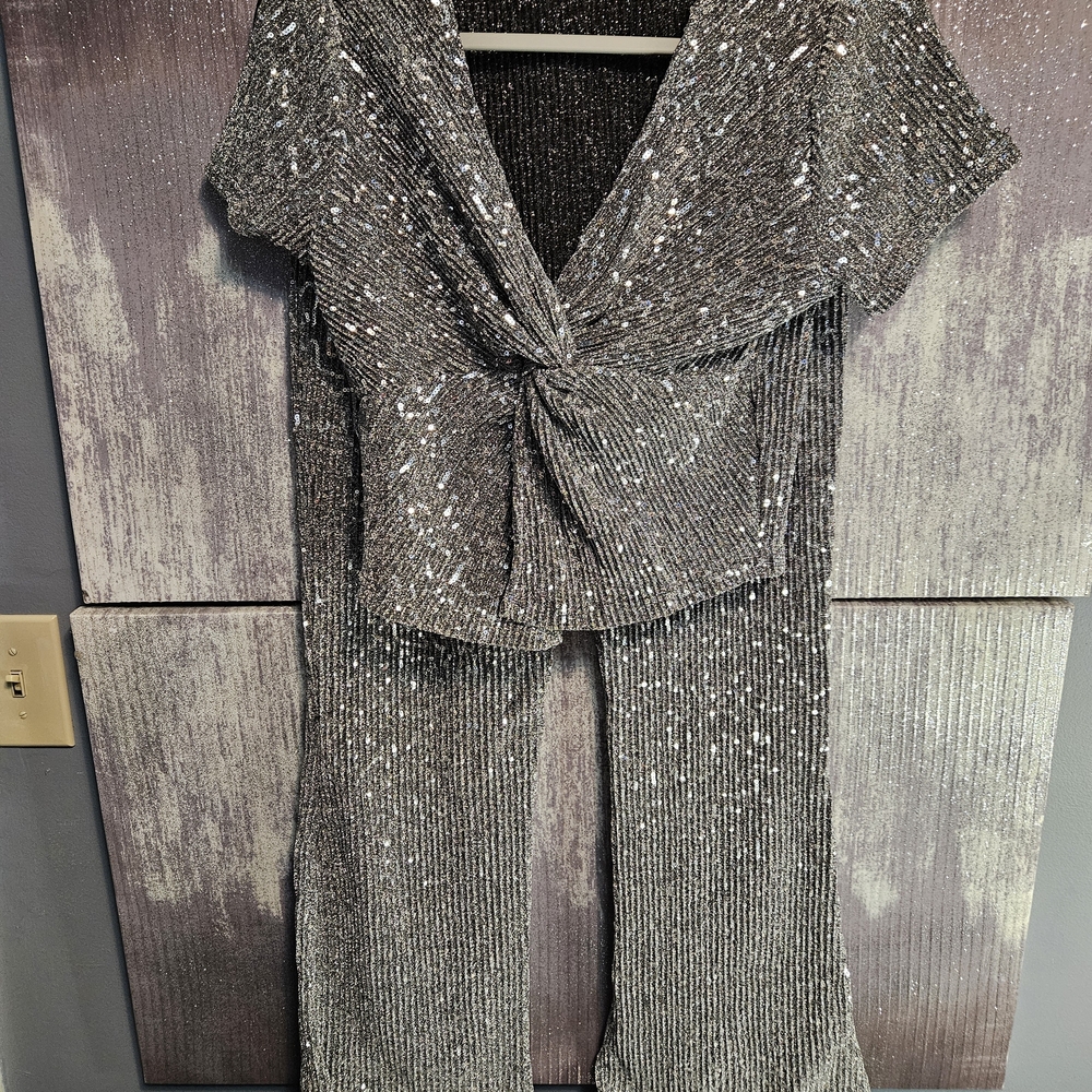 Sequin Flare Jumpsuit - Silver